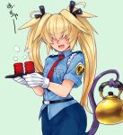  :d antenna_hair blonde_hair blue_background blue_shirt blue_skirt blush breast_pocket collared_shirt covered_eyes cowboy_shot cup demon_tail eyebrows_visible_through_hair facing_viewer fang hair_over_eyes long_hair necktie open_mouth original pocket pointy_ears police police_uniform policewoman prehensile_tail red_neckwear shirt simple_background skirt skj smile solo standing tail teacup teapot tray twintails uniform wing_collar 