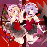  :d alternate_costume ascot bad_id bad_pixiv_id bare_shoulders bat_wings blonde_hair bobby_socks bow detached_collar flandre_scarlet frilled_skirt frills hat hat_bow highres holding_hands jumping kurabayashi lavender_hair looking_at_viewer multiple_girls open_mouth outstretched_hand purple_hair red_eyes remilia_scarlet shoes short_sleeves siblings sisters skirt sleeveless smile socks touhou white_legwear wings 