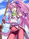  :d ahoge arche_klein broom gloves hair_ribbon happy kyo9999 long_hair open_mouth pants pink_eyes pink_hair pink_pants ponytail ribbon scarf sidelocks smile solo tales_of_(series) tales_of_phantasia wide_ponytail 