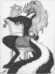  black_and_white chair eyewear glasses greyscale hair long_hair looking_at_viewer male mammal monochrome plain_background purplegriffin skunk solo topless white_background 