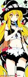  :p adapted_costume apron bare_shoulders blonde_hair blush bow food hat highres ideolo kirisame_marisa long_hair midriff navel no_nose popsicle skirt solo standing star tank_top thigh_strap tongue tongue_out touhou very_long_hair witch_hat yellow_eyes 