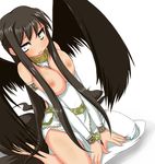  1girl angel_wings black_hair black_wings breast_suppress breasts breasts_out breasts_outside chains large_breasts long_hair mabinogi morrighan negetsu nipples tears very_long_hair white_eyes wings 