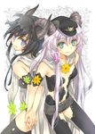  armband back-to-back black_dress black_hair cape demon_girl dress fingernails floral_print flower green_eyes hair_flower hair_ornament hat holding_hands horns interlocked_fingers kawaku lavender_hair long_hair multiple_girls open_mouth original plant purple_eyes short_shorts shorts silver_hair smile thighhighs very_long_hair vines 