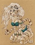  clothed clothing feline female kneeling mammal skimpy solo swimsuit tan_background texture_background tiger xianjaguar 