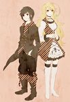  1girl ahoge bad_id bad_pixiv_id black_hair blonde_hair boots choker coat dress hacho jude_mathis knee_boots long_hair milla_maxwell red_eyes short_hair side-by-side skirt smile tales_of_(series) tales_of_xillia thigh_boots thighhighs unmoving_pattern very_long_hair 