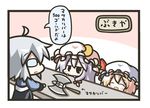  ^_^ ahoge aoblue axe blonde_hair chibi closed_eyes crescent flandre_scarlet glasses hat morichika_rinnosuke multiple_girls open_mouth patchouli_knowledge purple_hair shirt silver_hair smile table touhou translated weapon 