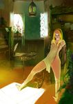  bad_id bad_pixiv_id barefoot blonde_hair blue_eyes book bottle covering cup karasu-san_(syh3iua83) lantern nude nude_cover original sitting solo sweat tea towel wet 