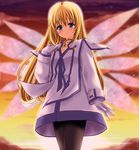  black_legwear blonde_hair blue_eyes chisato_(missing_park) choker coat collet_brunel gloves long_hair pantyhose pink_wings sky smile solo sunset tales_of_(series) tales_of_symphonia white_gloves wings 