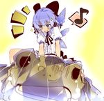 1girl alternate_costume blue_eyes blue_hair bow cirno eighth_note frog frozen frozen_frog hair_bow musical_note neck_ribbon ribbon riding shirow_(crazy) solo speech_bubble spoken_musical_note symbol-shaped_pupils teeth touhou wings 