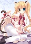  animal_ears bell blonde_hair boots bow cat_ears cat_tail eyepatch eyepatch_removed heterochromia kemonomimi_mode long_hair nakatsu_shizuru panties panties_under_pantyhose pantyhose rewrite school_uniform skirt skirt_lift solo striped striped_panties tail tail_bow thighband_pantyhose twintails underwear white_legwear yukie_(peach_candy) 