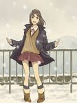  :d brown_eyes brown_hair coat goke_shike_(altamira05) open_mouth original railing short_hair skirt smile snow solo winter_clothes 