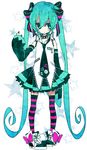  aqua_eyes aqua_hair bad_id bad_pixiv_id badge button_badge collar detached_sleeves hatsune_miku long_hair necktie pigeon-toed shimogu shoes skirt sleeves_past_wrists solo spiked_collar spikes star striped striped_legwear thighhighs twintails very_long_hair vocaloid 