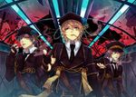  arrest_rose_(vocaloid) bad_id bad_pixiv_id barcode barcode_tattoo black_neckwear blonde_hair blue_eyes blue_hair broken_glass cigarette domco earrings facial_tattoo fingerless_gloves flower glass gloves hat hat_flower jewelry kagamine_len kaito kamui_gakupo long_hair long_sleeves looking_at_viewer male_focus multiple_boys nail_polish necktie pointing pointing_at_viewer purple_hair smoke smoking tattoo uniform vocaloid 