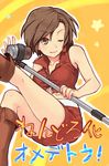  a-ka boots brown_eyes brown_hair meiko microphone microphone_stand one_eye_closed short_hair skirt smile solo vocaloid 