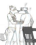  &hearts; &lt;3 anthro blush canine chair clothed clothing duo eyes_closed fox gay howz kissing male mammal plain_background raccoon shy sketch surprise table white_background 
