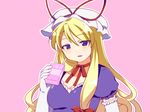 adaajt blonde_hair bow breasts cleavage drink elbow_gloves face gloves hair_bow hat long_hair medium_breasts purple_eyes simple_background solo touhou upper_body very_long_hair white_gloves yakumo_yukari 