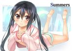  barefoot black_hair bottomless brown_eyes feet hands_clasped k-on! legs_up long_hair lying macchaume nakano_azusa on_stomach open_clothes open_shirt own_hands_together pajamas panties shirt soles solo striped striped_panties the_pose twintails underwear 