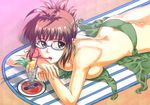  akizuki_ritsuko antenna_hair bangs bare_back bikini blunt_bangs breast_press breasts brown_eyes brown_hair drinking_straw folded_ponytail food fruit gauu!? glass glasses halterneck heart heart_of_string highres idolmaster idolmaster_(classic) large_breasts lying on_stomach side-tie_bikini sidelocks solo sunbathing swimsuit 