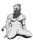  balls black_and_white cheetah collar feline flaccid greyscale kneeling looking_away male mammal monochrome nipples nude penis plain_background pose rthur small_penis solo spots uncut white_background 