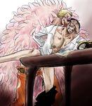  arched_back arm_behind_back artist_request bent_over black_hair blonde_hair breasts bruise clothed_sex covered_nipples doggystyle donquixote_doflamingo ear_piercing earrings hand_on_forehead hook_hand injury jewelry large_breasts licking male_focus multiple_boys newspaper one_piece piercing rape scar sex shichibukai short_hair sir_crocodile source_request sunglasses sweat table yaoi 