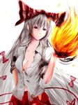  bad_id bad_pixiv_id bow breasts cleavage collarbone dress_shirt fire fujiwara_no_mokou hair_bow highres large_breasts long_hair matsukaze navel no_bra red_eyes shirt simple_background sketch sleeves_rolled_up smile solo suspenders touhou upper_body very_long_hair 