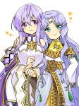  2girls bare_shoulders blue_eyes breasts circlet dress fire_emblem fire_emblem:_genealogy_of_the_holy_war fire_emblem:_thracia_776 hand_on_another&#039;s_shoulder jewelry julia_(fire_emblem) long_hair looking_at_another looking_at_viewer multiple_girls purple_eyes purple_hair sara_(fire_emblem) sash simple_background smile wide_sleeves yukia_(firstaid0) 