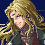  1boy beard black_vest blonde_hair blue_background brown_eyes brown_shirt ernest_raviede facial_hair hiroita jewelry long_hair looking_at_viewer lowres male_focus necklace pixel_art shirt signature solo star_ocean star_ocean_the_second_story third_eye upper_body vest 