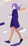  1girl aqua_eyes black_dress blue_coat coat commentary_request dot_mouth dress expressionless floating_hair full_body genderswap genderswap_(mtf) hands_in_pockets highres loafers looking_at_viewer mahoutsukai_no_yakusoku medium_hair murr_hart purple_hair r24422dk7wj1 shoes solo walking 