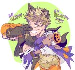  2021 2boys animal_ears bara black_tank_top blonde_hair blush child cropped_jacket dark-skinned_male dark_skin draph english_text fur_collar gloves granblue_fantasy green_eyes grey_hair happy_halloween horns jacket large_pectorals male_focus multiple_boys muscular muscular_male official_alternate_costume one_eye_closed open_clothes open_jacket orange_jacket pectorals pointy_ears protected_link purple_gloves shirt short_hair sky_kbuc smile tank_top teeth torn_clothes torn_shirt vane_(granblue_fantasy) vane_(halloween)_(granblue_fantasy) wolf_boy wolf_ears wolf_paws 