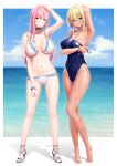  2girls alternate_costume arm_behind_head arm_up armpits ass_visible_through_thighs azur_lane bare_arms bare_legs bare_shoulders barefoot bead_bracelet beads bikini black_choker blonde_hair blue_eyes blue_one-piece_swimsuit bracelet breasts breasts_apart choker cleavage commentary_request competition_swimsuit covered_navel frilled_bikini frills full_body green_eyes hair_in_own_mouth hair_ornament hairclip halterneck high_heels highleg highleg_swimsuit highres jewelry large_breasts long_hair looking_at_viewer marblehead_(azur_lane) memphis_(azur_lane) multicolored_hair multiple_girls navel one-piece_swimsuit parted_lips pink_hair silveroid skindentation spaghetti_strap standing stomach strap_slip streaked_hair string_bikini swimsuit tan thighs wet white_bikini 