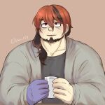  1boy alternate_hairstyle bags_under_eyes bara blush boogeyman_(housamo) brown_hair cup facial_hair goatee hiramushi_(yusan_137) holding holding_cup looking_at_viewer male_focus mature_male mug multicolored_hair muscular muscular_male mustache_stubble pectorals red_eyes sanpaku side_ponytail smile solo thick_eyebrows tokyo_afterschool_summoners two-tone_hair upper_body 
