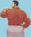  1boy absurdres ass ass_focus bara beard character_request cigarette facial_hair feet_out_of_frame floral_print from_behind full_beard hawaiian_shirt highres holding holding_cigarette huge_ass looking_at_viewer looking_back male_focus mature_male muscular muscular_male nogitu pants ryuu_ga_gotoku_(series) shirt short_hair solo standing thick_eyebrows unfinished 
