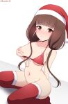  1girl absurdres alternate_costume artist_name bikini blunt_bangs blush breasts brown_eyes brown_hair collarbone frown grabbing_own_breast hat highres iino_miko kaguya-sama_wa_kokurasetai_~tensai-tachi_no_renai_zunousen~ long_hair navel nipples no_panties red_bikini red_headwear red_thighhighs roswell_ss santa_hat shiny_skin skindentation swimsuit thighhighs white_background 