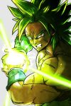  1boy annoyed attack attacking_viewer broly_(dragon_ball_super) clenched_teeth close-up dragon_ball dragon_ball_super_broly energy_ball frown green_hair grey_background male_focus muscle orange_eyes scar shirtless short_hair simple_background spiked_hair st62svnexilf2p9 super_saiyan teeth upper_body wristband 
