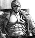 1boy abs bara bare_pectorals chest_tattoo coat facial_hair frown goatee greyscale large_pectorals looking_at_viewer male_focus marine_uniform_(one_piece) monochrome muscular muscular_male mustache_stubble nipples nography old old_man one_piece pectorals sakazuki_(akainu) short_hair strongman_waist stubble tattoo thick_eyebrows upper_body 