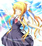  air blonde_hair closed_eyes kamio_misuzu korotan lens_flare long_hair outstretched_arms ponytail school_uniform solo very_long_hair 