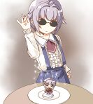  1girl arm_up blue_skirt center_frills closed_mouth collarbone collared_shirt commentary_request frilled_sleeves frills grey_hair hair_flaps hair_intakes idolmaster idolmaster_cinderella_girls idolmaster_cinderella_girls_starlight_stage koshimizu_sachiko long_sleeves meme plate pleated_skirt puffy_long_sleeves puffy_sleeves salt salt_bae_(meme) shirt skirt sleeves_past_wrists solo sunglasses suspender_skirt suspenders table v-shaped_eyebrows white_shirt yukie_(kusaka_shi) 