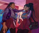  2girls black_hair book closed_mouth earrings highres holding holding_book hoop_earrings indoors jewelry kabedon locker long_hair medium_hair multicolored_hair multiple_girls nikaardart purple_hair reyna_(valorant) sage_(valorant) twitter_username valorant yuri 