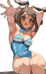  1girl absurdres alternate_costume animal_ears arm_up armpits blue_leotard boku_no_hero_academia breasts brown_eyes brown_hair cleavage covered_navel detached_collar fake_animal_ears highres leotard looking_at_viewer medium_breasts medium_hair open_mouth outstretched_arm playboy_bunny rabbit_ears sitting solo strapless strapless_leotard sweat uraraka_ochako white_background zd_(pixiv6210083) 