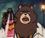 5_fingers anthro bear ben_(zenless_zone_zero) brown_body chain_necklace clothed clothing english_text fingers hi_res jacket jewelry male mammal mihoyo necklace shyybuchi solo spray_can spraying teeth text tongue topwear white_clothing white_jacket white_topwear zenless_zone_zero