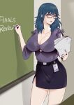 1girl alternate_costume blue_eyes blue_hair breasts byleth_(female)_(fire_emblem) byleth_(fire_emblem) chalk chalkboard cleavage fire_emblem fire_emblem:_three_houses glasses highres holding holding_chalk holding_paper large_breasts paper parted_lips pencil_skirt purple_nails skirt solo teacher thighs vialnite 