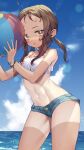  1girl ball beach beachball blue_sky brown_eyes brown_hair cloud cloudy_sky denim forehead highres holding holding_ball holding_beachball jewelry long_hair midriff murata_tefu navel ocean open_mouth original outdoors short_shorts shorts sky solo tan tank_top tanlines toned twintails water water_drop wet 