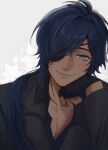  1boy black_gloves black_shirt blue_eyes blue_hair closed_mouth dark-skinned_male dark_skin eyepatch fingerless_gloves genshin_impact gloves hair_between_eyes highres kaeya_(genshin_impact) long_hair long_sleeves male_focus nokkusuart shirt smile solo 