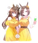  ... 2girls ahoge air_groove_(umamusume) alternate_costume animal_ears asymmetrical_bangs bare_shoulders belt blue_eyes bracelet breasts brown_hair champagne_flute cowboy_shot cup dress drinking_glass duramente_(umamusume) grey_eyes holding holding_cup horse_ears horse_girl horse_tail jewelry long_hair looking_at_viewer medium_breasts multiple_girls romi_(346_ura) short_hair simple_background sleeveless sleeveless_dress sparkle spoken_ellipsis spoken_object tail umamusume white_background yellow_dress 