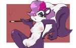 2023 accessory anthro bow_ribbon digital_media_(artwork) female fifi_la_fume genitals hair hair_accessory hair_over_eye hi_res lounging mammal mephitid nipples one_eye_obstructed pussy simple_background skunk smoking solo tiny_toon_adventures viofsa warner_brothers