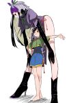  2girls ass black_gloves black_hair blue_shorts boots china_dress chinese_clothes dress giant gloves hair_ornament height_difference horns legs multiple_girls nippaku_zanmu no_shoes oni oni_horns purple_dress purple_headwear shorts size_difference smile smiley_face string string_of_fate tall_female touhou unfinished_dream_of_all_living_ghost yomotsu_hisami 