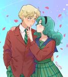  2girls arm_around_waist artist_name bishoujo_senshi_sailor_moon black_hairband blonde_hair blue_eyes commentary english_commentary eyes_visible_through_hair green_eyes green_hair green_pants green_skirt hairband hand_in_pocket jacket kaiou_michiru multiple_girls pants petals plaid plaid_pants plaid_skirt red_jacket red_serafuku reverse_trap school_uniform serafuku signature skirt smile ten&#039;ou_haruka ticcy yuri 