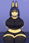 &lt;3 2023 animal_crossing ankha_(animal_crossing) anthro areola_outline big_breasts blue_hair bottomwear bouncing_breasts breasts choker clothing curvy_figure domestic_cat egyptian_headdress eyebrow_through_hair eyebrows eyelashes felid feline felis female frown goth hair hi_res huge_breasts jewelry legs_together legwear looking_at_viewer mammal midriff motion_lines navel necklace nintendo shirt short_hair shorts sitting solo startop stockings thick_thighs thigh_highs topwear translucent translucent_hair voluptuous wide_hips