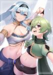  2girls absurdres bare_shoulders black_hairband black_shorts blue_hair breasts brown_eyes cleavage collei_(genshin_impact) commentary_request cowboy_shot crop_top detached_sleeves eula_(genshin_impact) genshin_impact green_hair green_shirt grin hairband highres jewelry kirima_(user_danf8787) large_breasts long_hair long_sleeves looking_at_viewer midriff multiple_girls navel neck_ring puffy_short_sleeves puffy_sleeves purple_eyes shirt short_shorts short_sleeves shorts smile standing stomach veil 