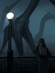 ambiguous_gender azhdarchid backpack beak clothed clothing fence feral foggy gesture ghost group head_crest hi_res hoodie human kiracuriee mammal night pterosaur quetzalcoatlus reptile scalie solo spirit street_lamp topwear vehicle walking waving winged_arms wings